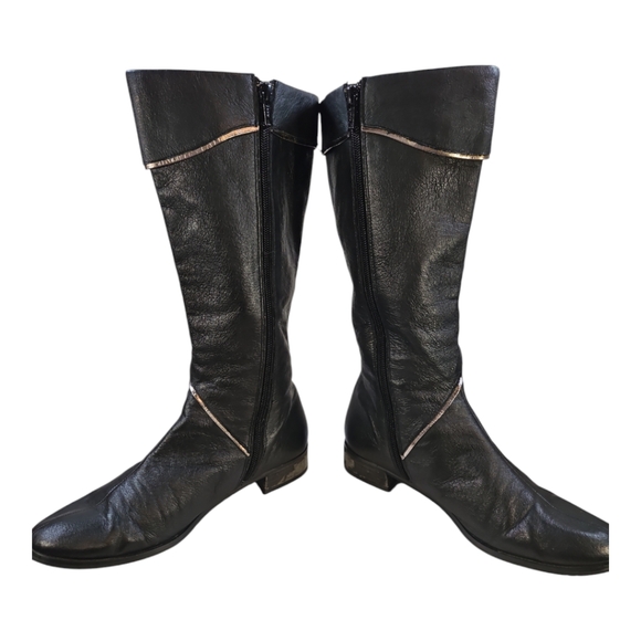 Nina Dolls Black Leather Flat Boots W/ Silver Trim Vintage Y2K Size 7 - Picture 5 of 12